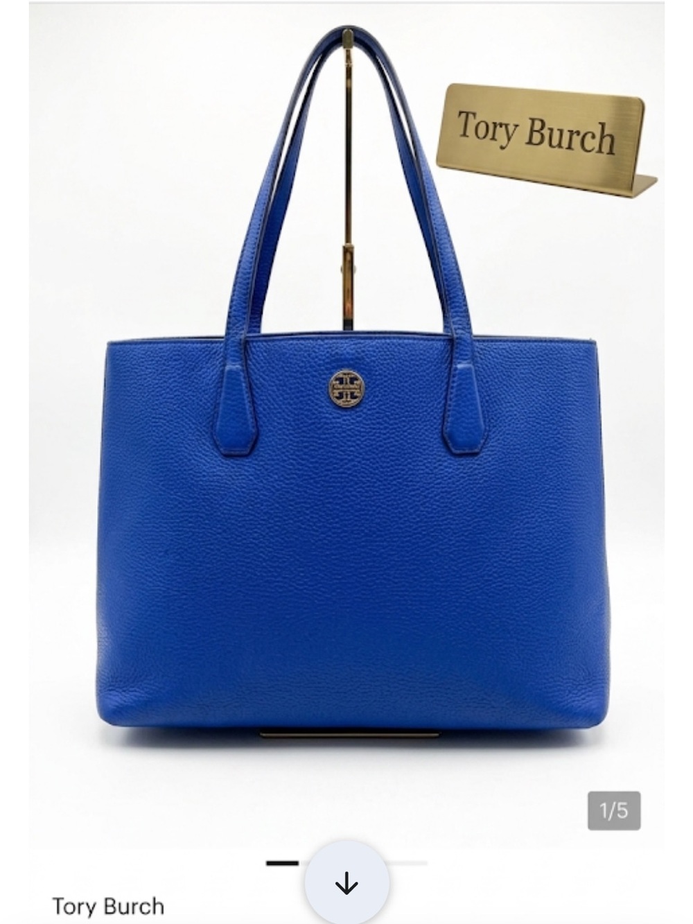 Tory Burch Royal Blue Pebbled Leather Tote with Gold Logo cobalt 2 sm mark
Front